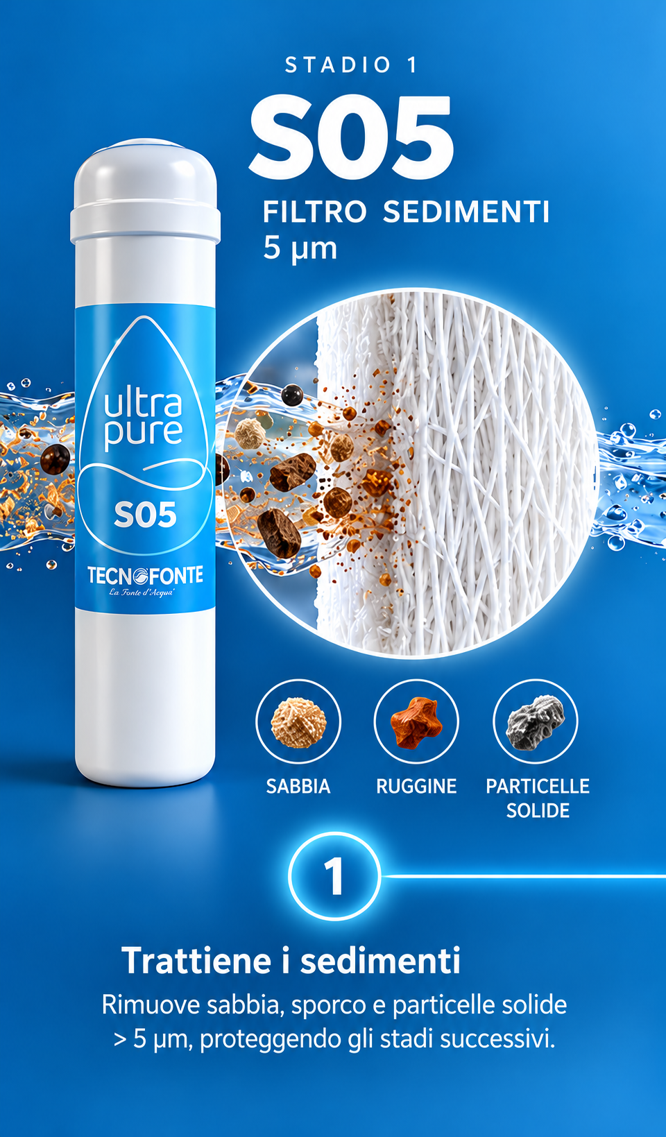 Stadio 1 UltraPure S05: cartuccia filtro sedimenti 5 µm Tecnofonte