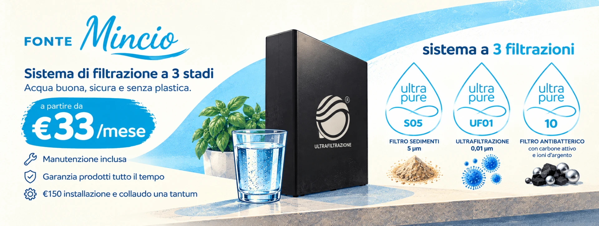 Fonte Mincio: sistema di filtrazione a 3 stadi in noleggio a partire da 33 € al mese IVA inclusa, manutenzione inclusa, garanzia prodotti tutto il tempo e 150 € di installazione e collaudo una tantum