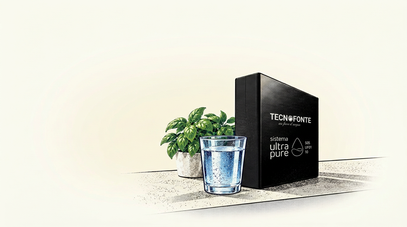 Impianto Fonte Mincio Tecnofonte® sul davanzale con pianta e bicchiere d'acqua